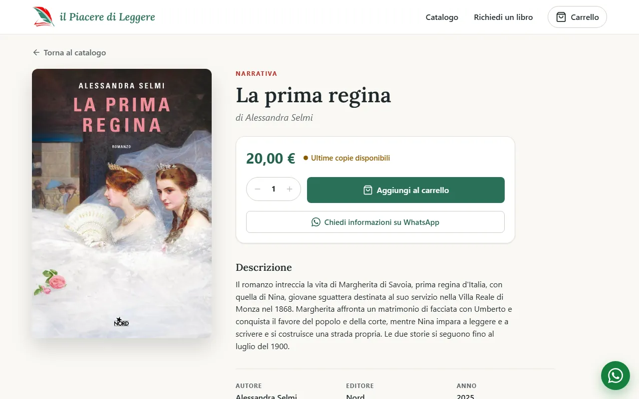 Scheda di un libro con prezzo, disponibilità, descrizione e pulsante per aggiungerlo al carrello