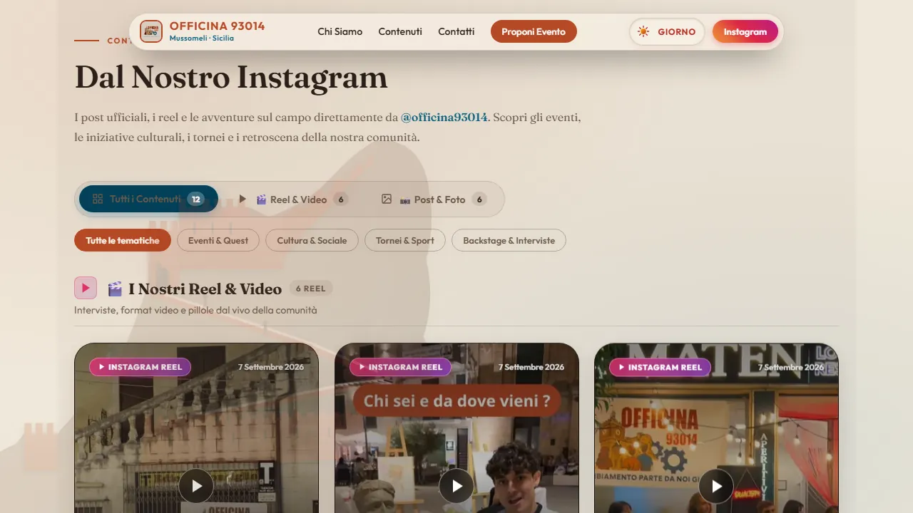 Sezione dei contenuti importati da Instagram, con Reel e post separati