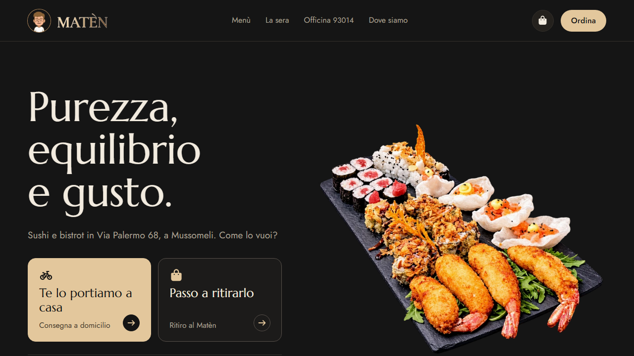 Matèn Lounge restaurant website: sushi platter with home delivery and pickup ordering